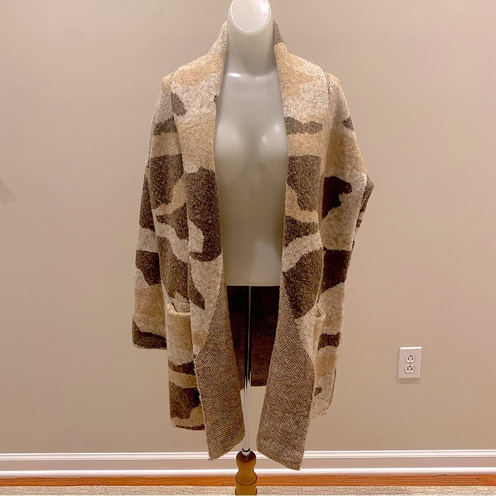 RD Style Cozy Open-Front Camouflage Cardigan Sweater shawl collar Brown size S